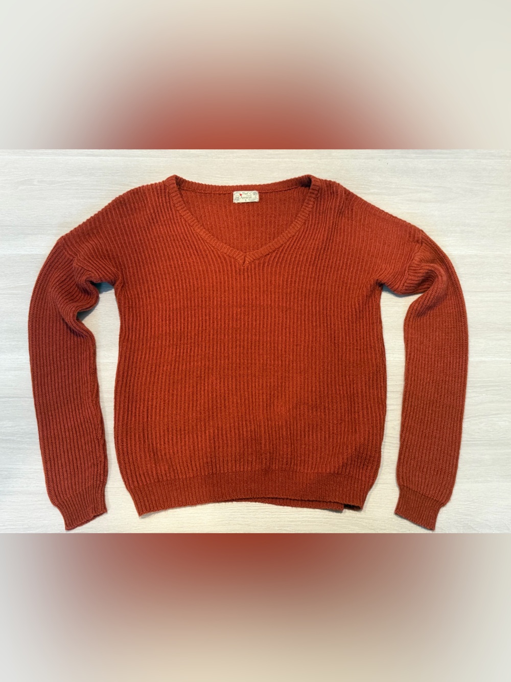 Poof! Ribbed V-Neck Sweater in Rust Orange